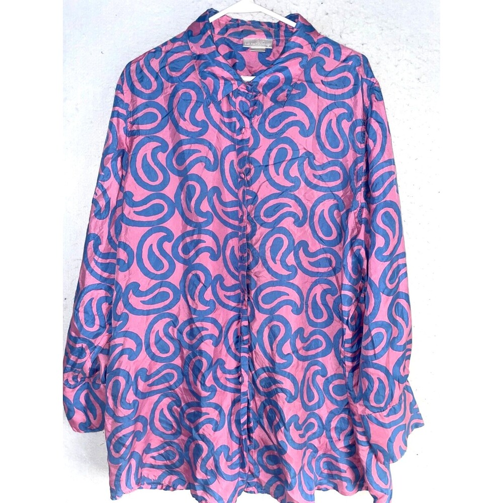 SOFT SURROUNDINGS 100% Silk Button Up Tunic Blouse Blue Pink 2X Long Sleeve